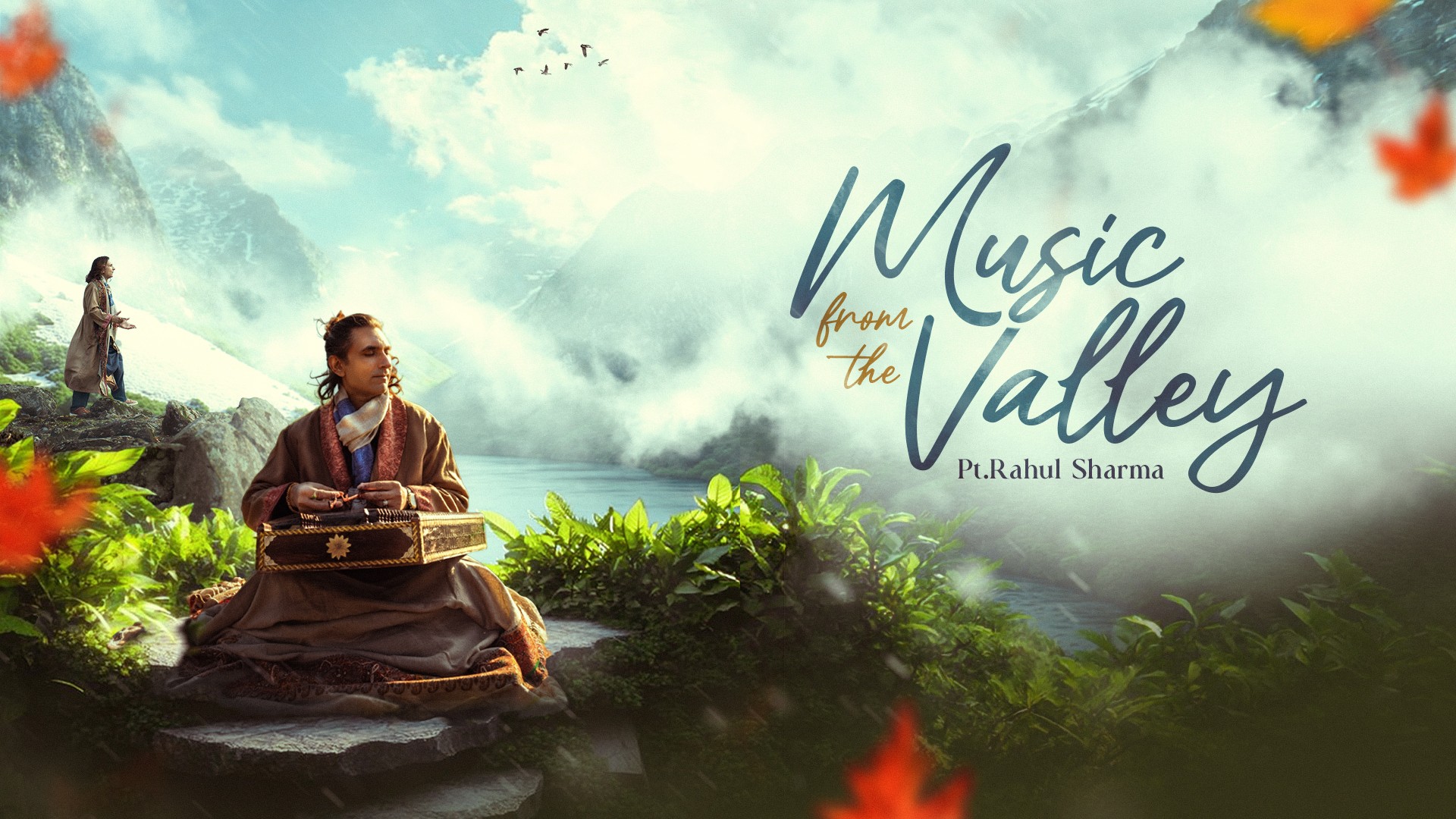 Official Music from the Valley poster — Pt. Rahul Sharma with the santoor in a misty Kashmir valley